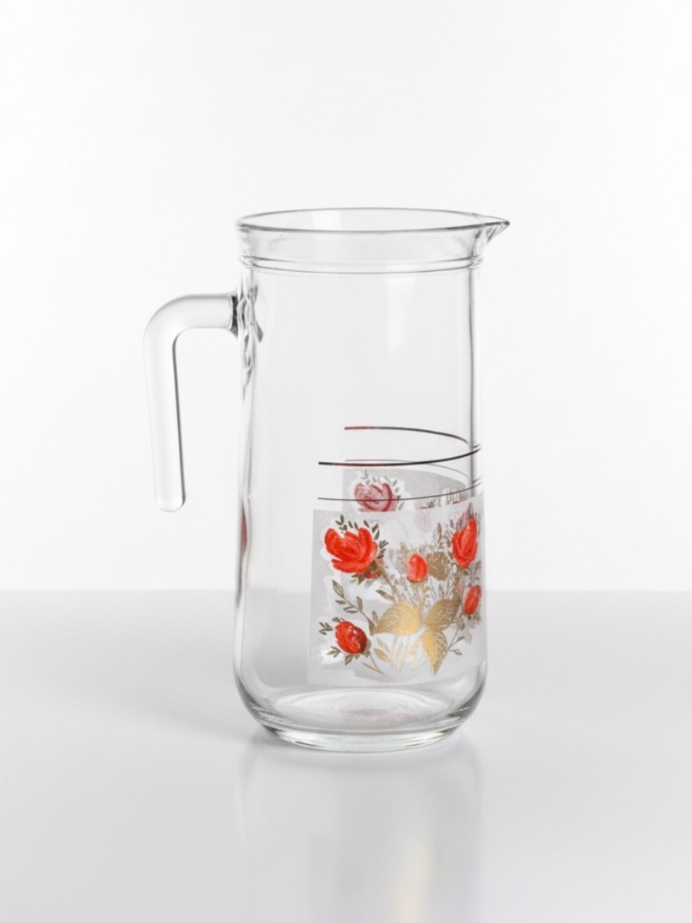 Vtg DeValBor MCM Clear Glass Pitcher Jug Gold Gilt Red Rose On White Italy EUC